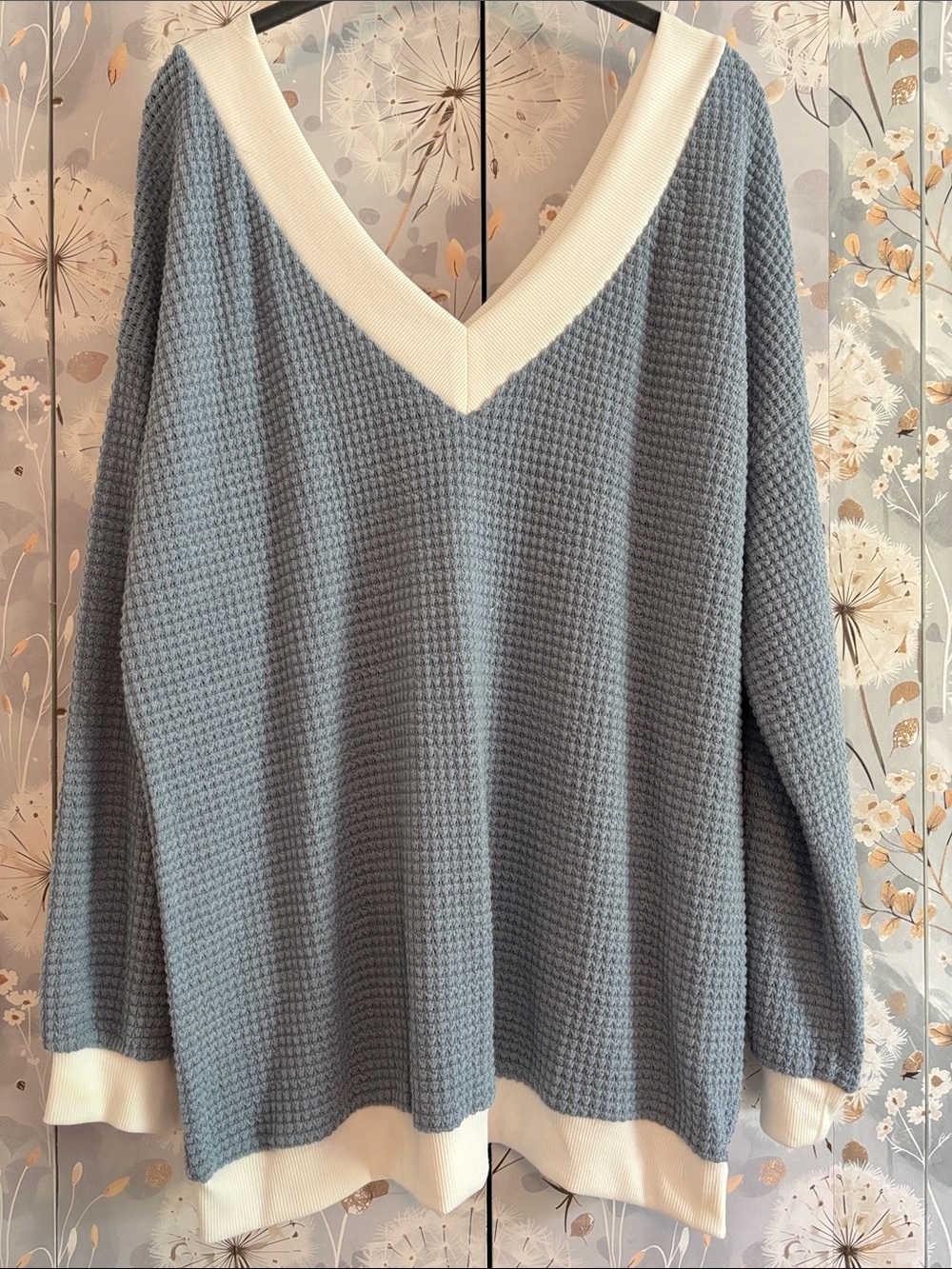 Adreamly V-Neck Two-Tone Knit Sweater in Light Blue and White